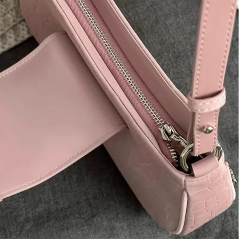 Woman'S Bags Pink Single Shoulder Bag Metal Chain Heart Decoration Y2K Style Underarm Bag Loveliness Lady Fashion Handbags