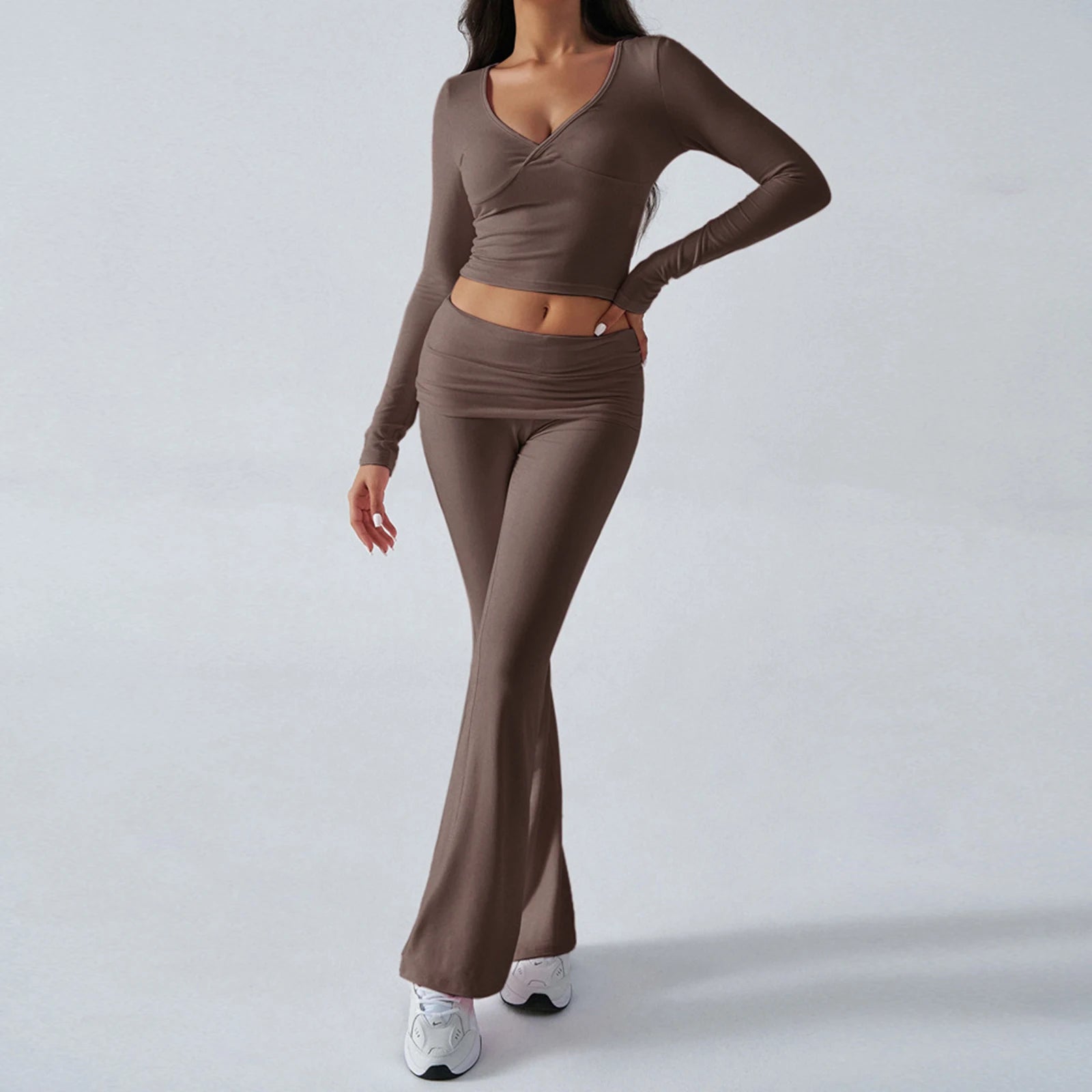 Women 2Pcs Exercise Gym Sets Activewear Knit V-Neck Tracksuit Crop Long Sleeves Tops Elastic Flared Pants Fitness Workout Sets