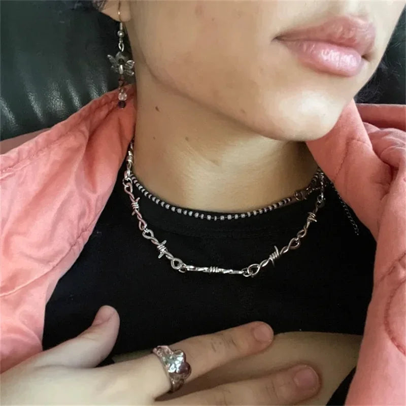 Y2K Barb Wire Choker Chain - Thorned Y2K Punk Chain - Gothic Y2K Chain Necklace -Barbed Wire Choker - Alternative Gothic Jewelry