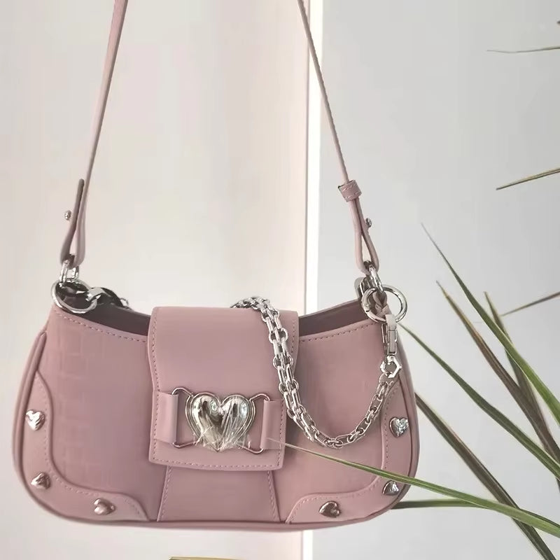 Woman'S Bags Pink Single Shoulder Bag Metal Chain Heart Decoration Y2K Style Underarm Bag Loveliness Lady Fashion Handbags