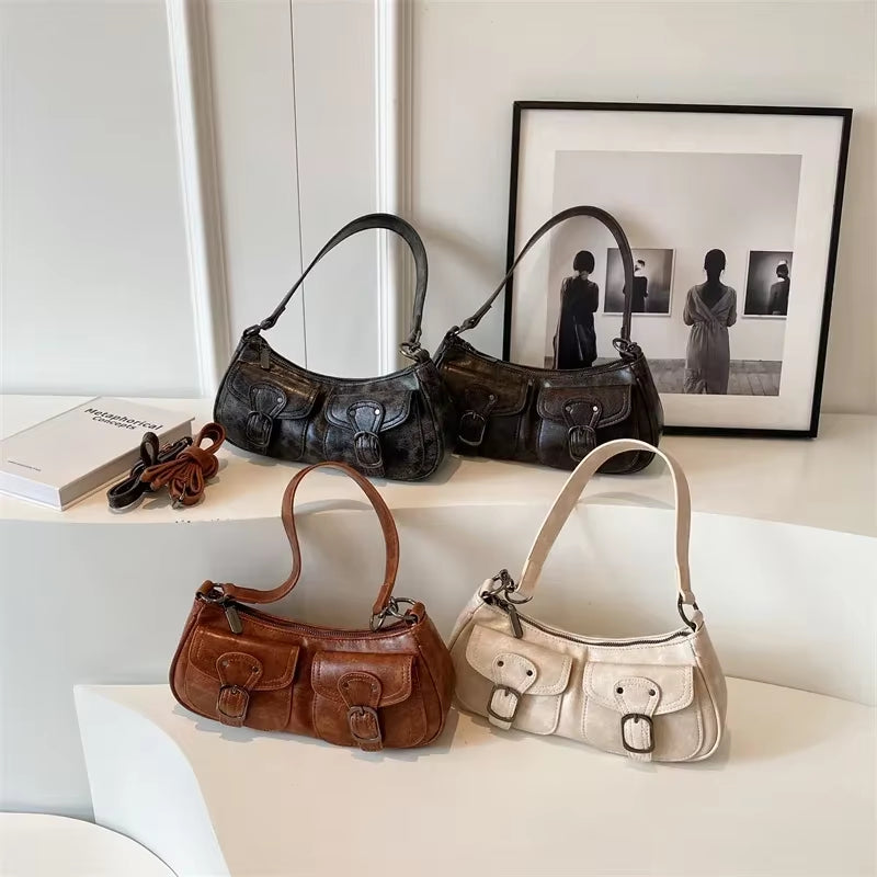 LEFTSIDE Fashion Double Pockets Design PU Leather Shoulder Bag for Women 2025 Tend Female Crossbody Bag Underarm Bags Handbags