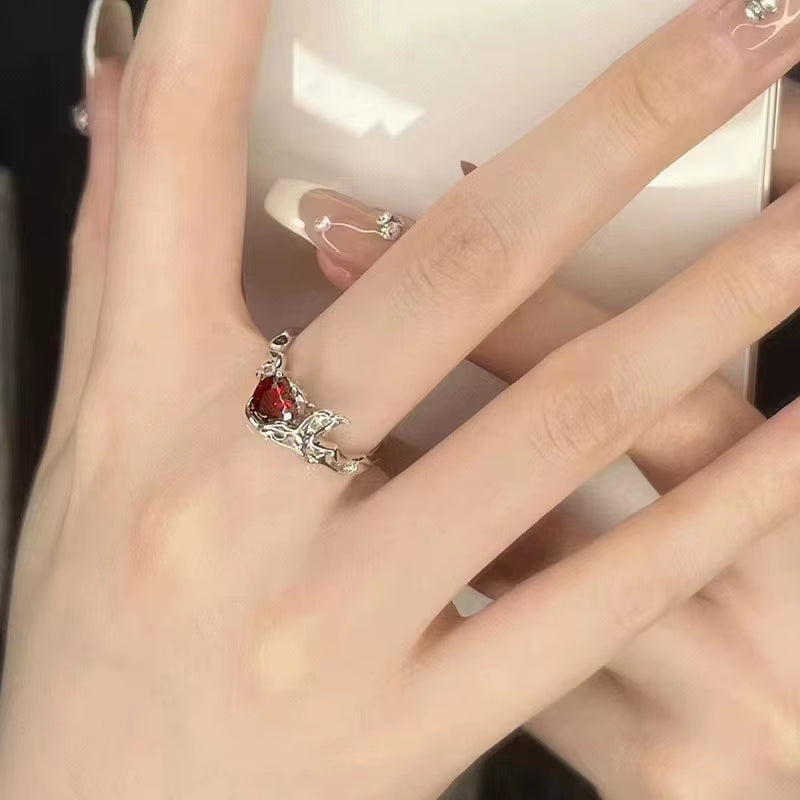 Kpop Fashion Punk Red Crystal Heart Irregular Open Metal Rings Women Vintage Grunge Aesthetic EMO Y2K Jewelry Accessories