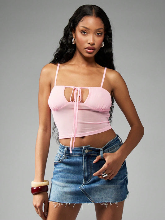 MISSGUIDED Tie Front Cami Top Ribbed Summer Crop Tank Bustier Style Spaghetti Strap Ruched Front Sleeveless Basic Essential Festival Y2K Style Camisole