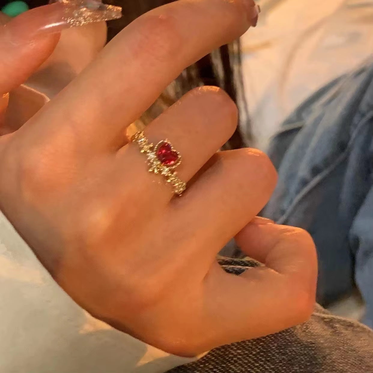 Kpop Fashion Punk Red Crystal Heart Irregular Open Metal Rings Women Vintage Grunge Aesthetic EMO Y2K Jewelry Accessories