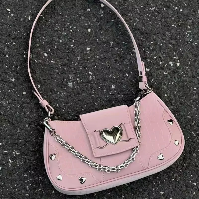 Woman'S Bags Pink Single Shoulder Bag Metal Chain Heart Decoration Y2K Style Underarm Bag Loveliness Lady Fashion Handbags