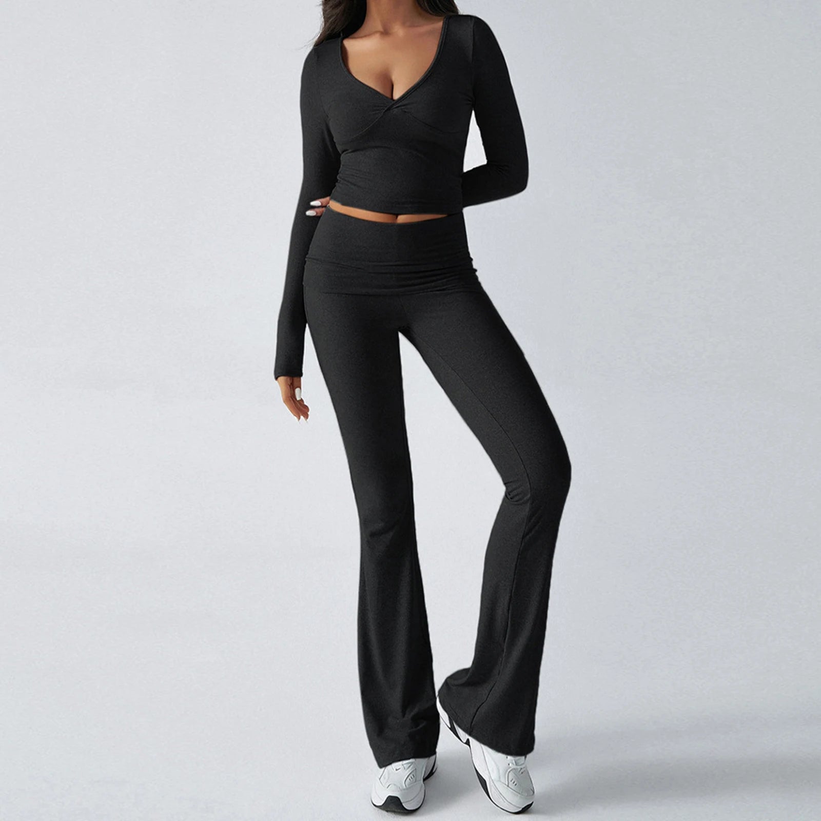 Women 2Pcs Exercise Gym Sets Activewear Knit V-Neck Tracksuit Crop Long Sleeves Tops Elastic Flared Pants Fitness Workout Sets