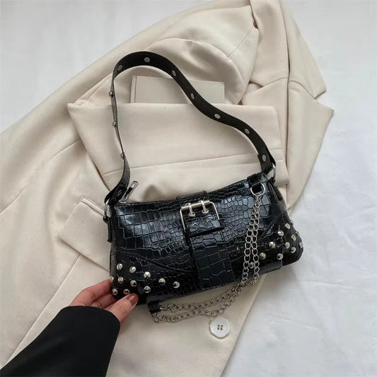Women Fashion Shoulder Bag Gothic Ladies Bag Cool Style Trendy Rock Girls Handbag Y2K Rivet Chain for Travel Vacation Daily