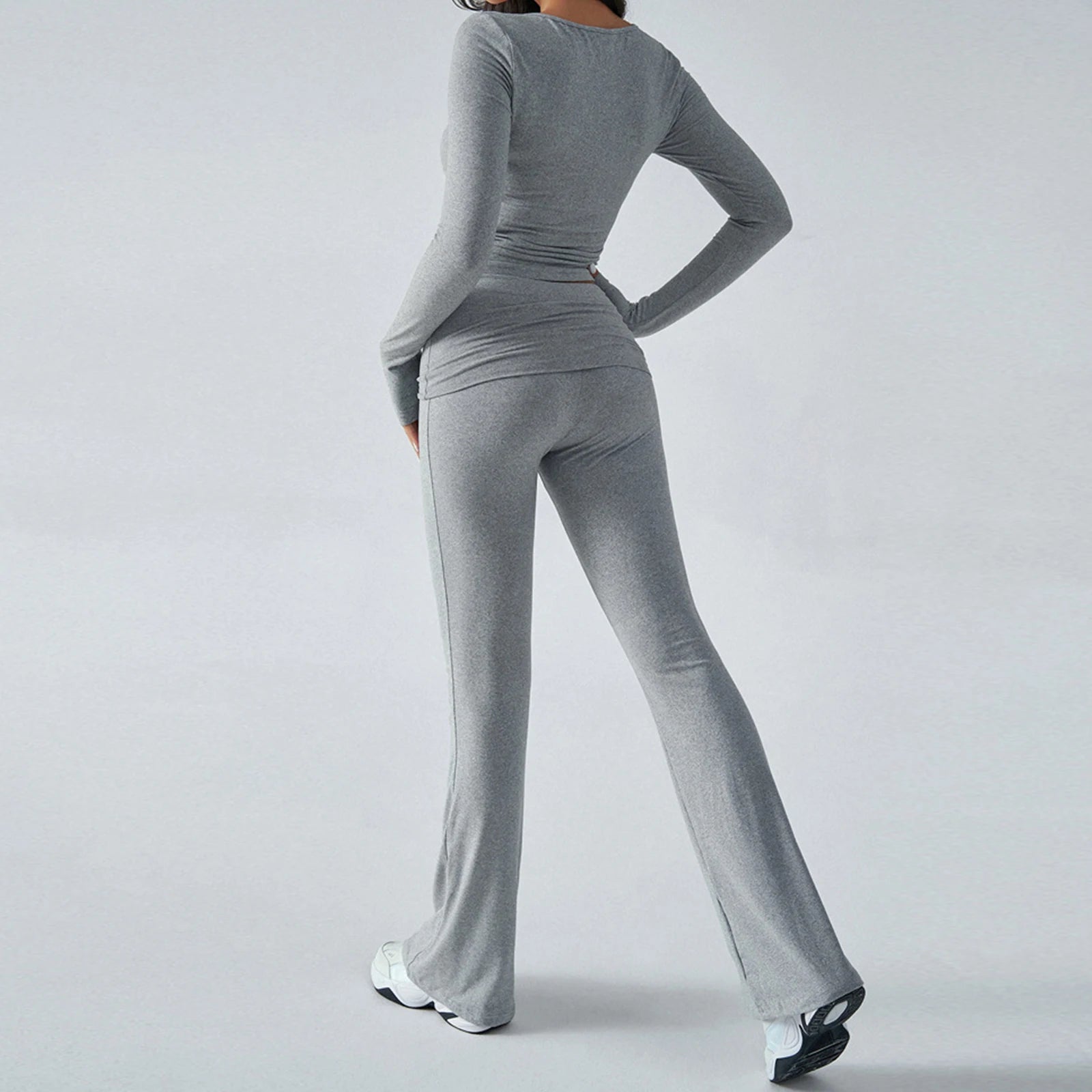 Women 2Pcs Exercise Gym Sets Activewear Knit V-Neck Tracksuit Crop Long Sleeves Tops Elastic Flared Pants Fitness Workout Sets