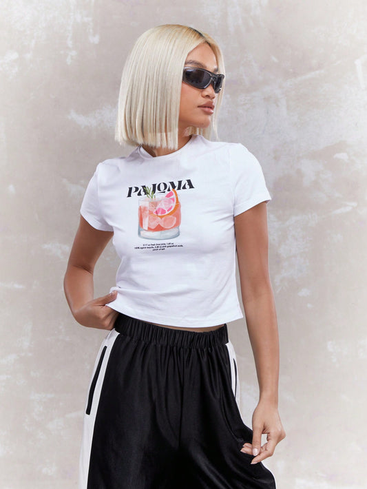 MISSGUIDED Crop Fitted Baby Tee with Paloma Cocktail Print