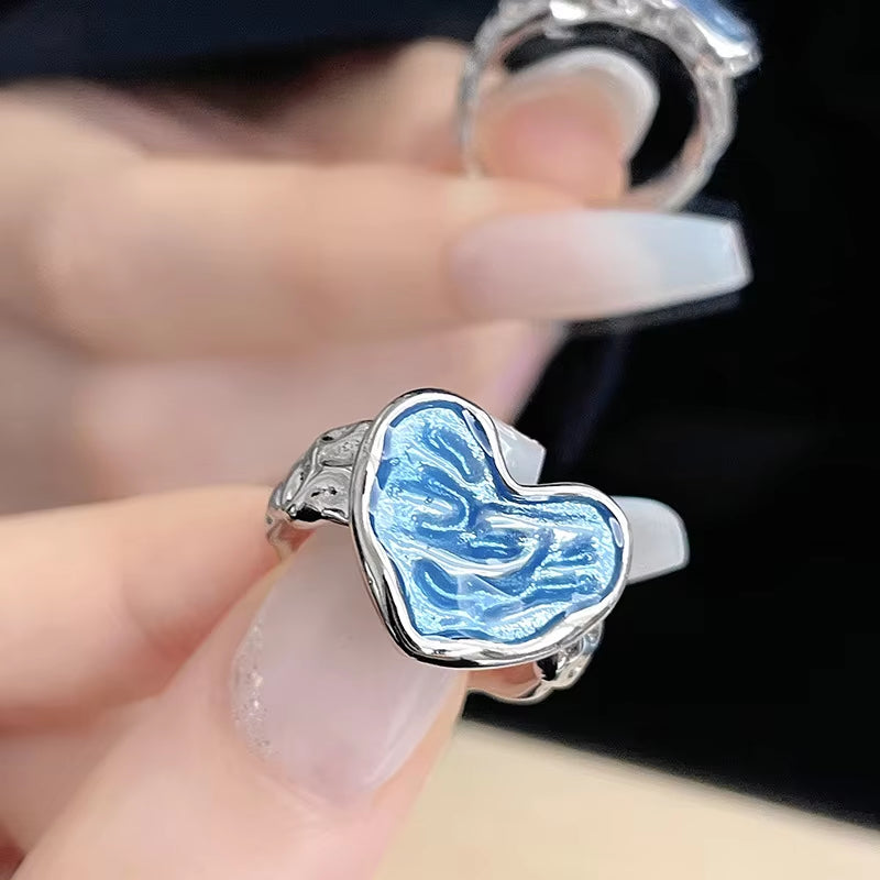 Kpop Fashion Punk Red Crystal Heart Irregular Open Metal Rings Women Vintage Grunge Aesthetic EMO Y2K Jewelry Accessories