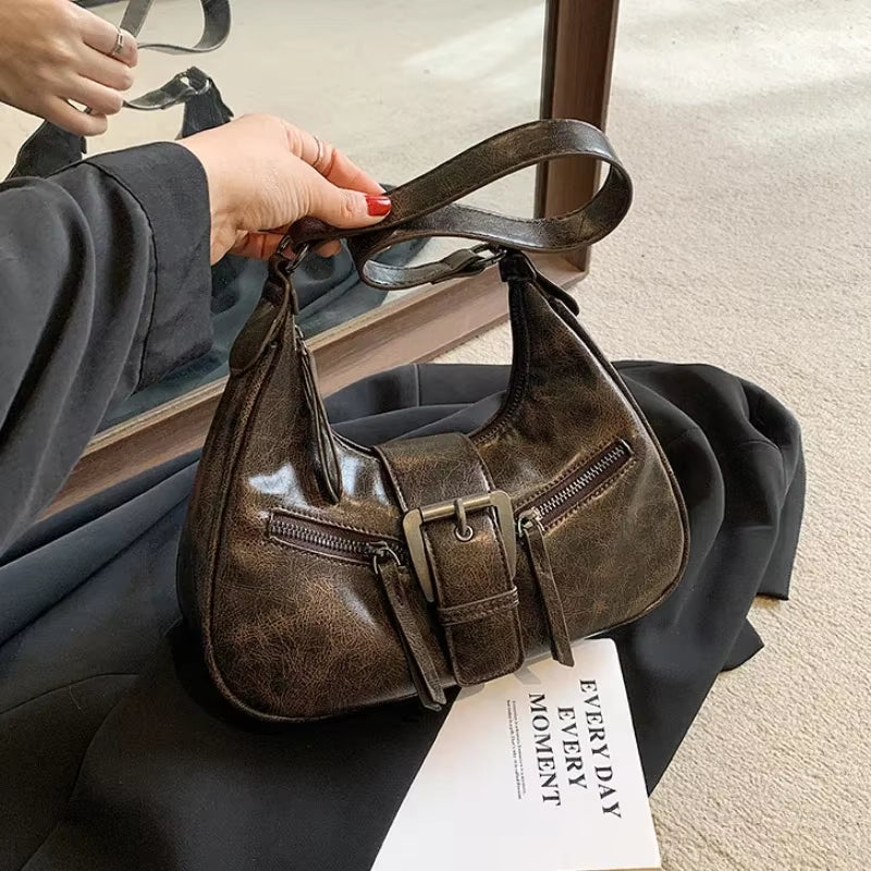 Retro Belt Design PU Leather Shoulder Bags for Women 2025 Y2K Small Vintage Female Underarm Crossbody Bag Fashion Handbags