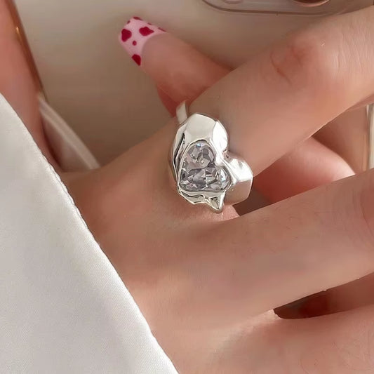 Kpop Fashion Punk Red Crystal Heart Irregular Open Metal Rings Women Vintage Grunge Aesthetic EMO Y2K Jewelry Accessories