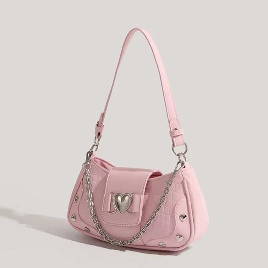 Woman'S Bags Pink Single Shoulder Bag Metal Chain Heart Decoration Y2K Style Underarm Bag Loveliness Lady Fashion Handbags