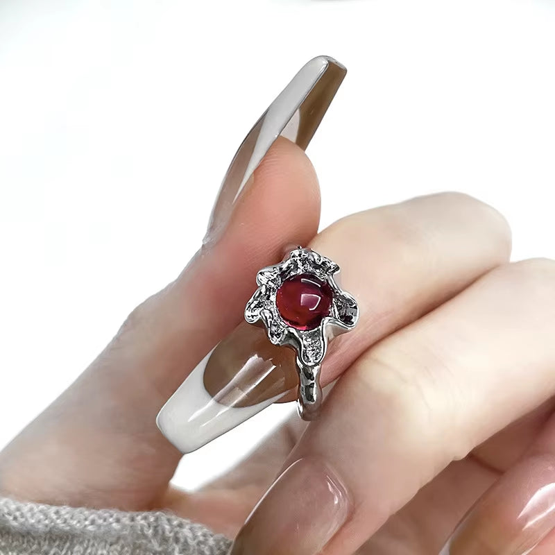 Kpop Fashion Punk Red Crystal Heart Irregular Open Metal Rings Women Vintage Grunge Aesthetic EMO Y2K Jewelry Accessories