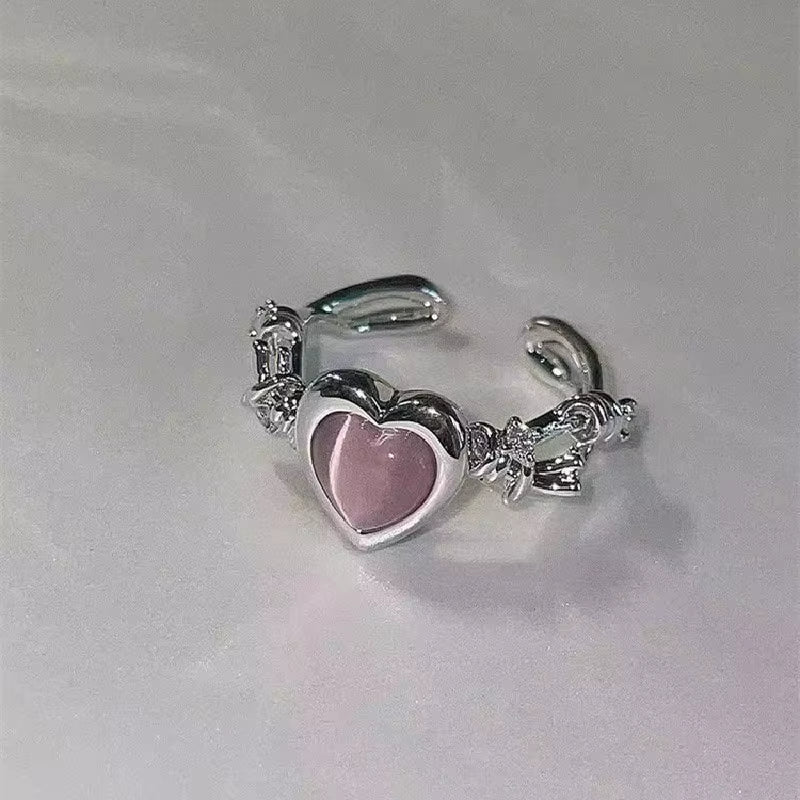 Kpop Fashion Punk Red Crystal Heart Irregular Open Metal Rings Women Vintage Grunge Aesthetic EMO Y2K Jewelry Accessories