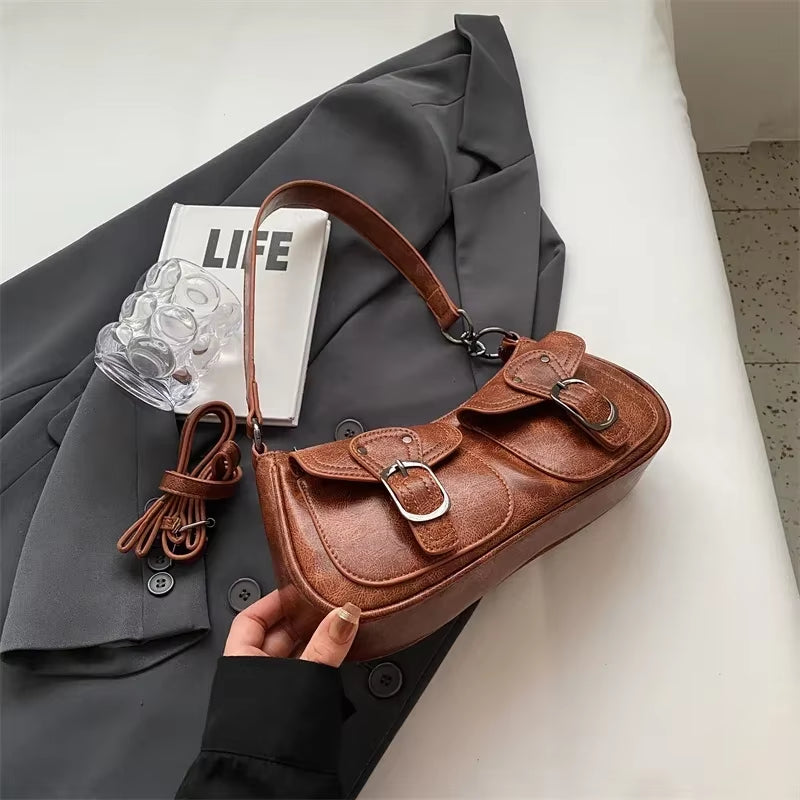 LEFTSIDE Fashion Double Pockets Design PU Leather Shoulder Bag for Women 2025 Tend Female Crossbody Bag Underarm Bags Handbags