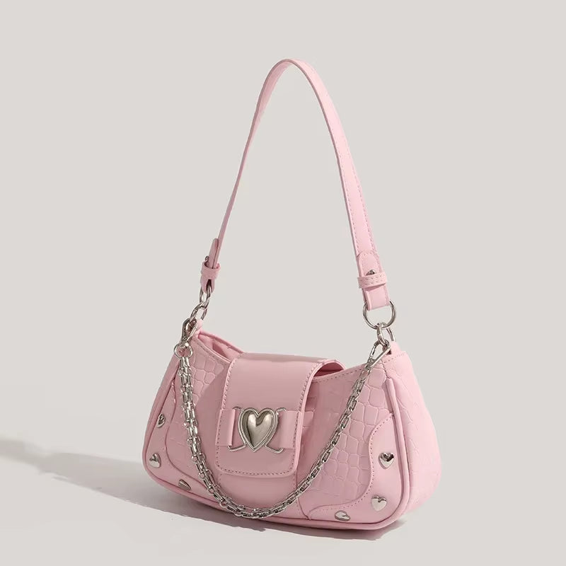 Woman'S Bags Pink Single Shoulder Bag Metal Chain Heart Decoration Y2K Style Underarm Bag Loveliness Lady Fashion Handbags