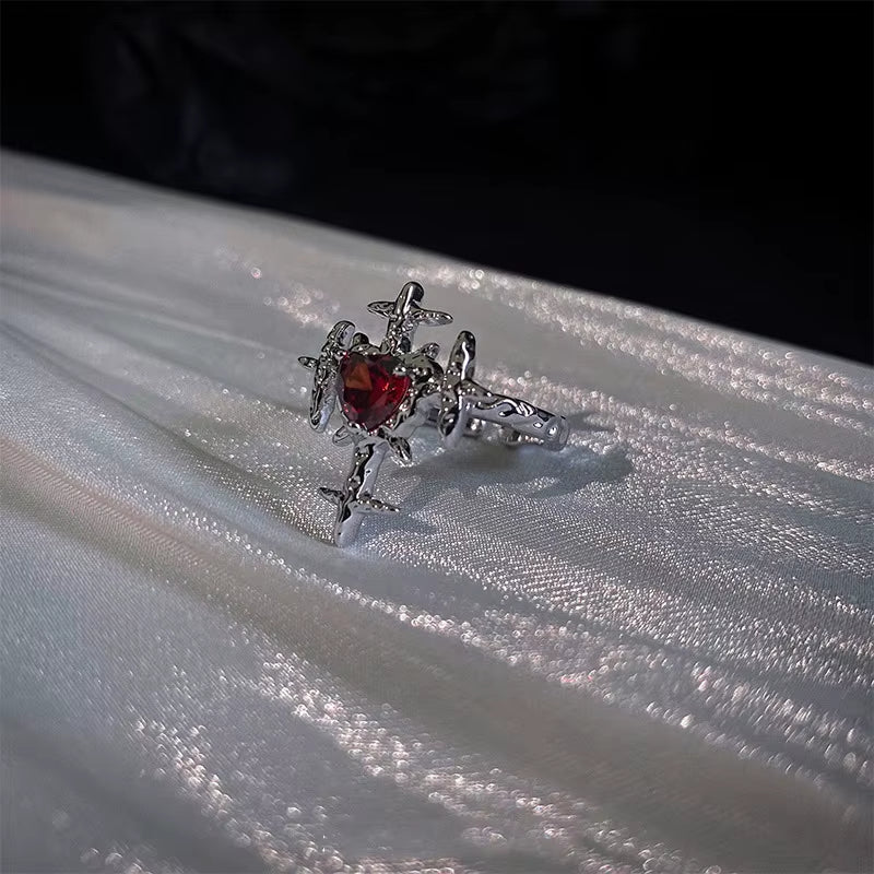 Kpop Fashion Punk Red Crystal Heart Irregular Open Metal Rings Women Vintage Grunge Aesthetic EMO Y2K Jewelry Accessories
