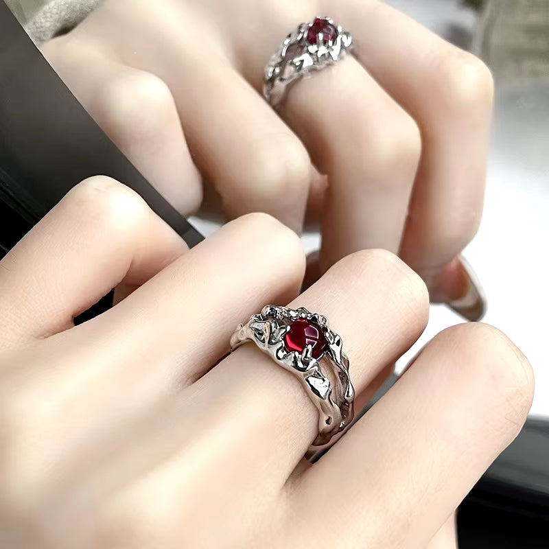 Kpop Fashion Punk Red Crystal Heart Irregular Open Metal Rings Women Vintage Grunge Aesthetic EMO Y2K Jewelry Accessories