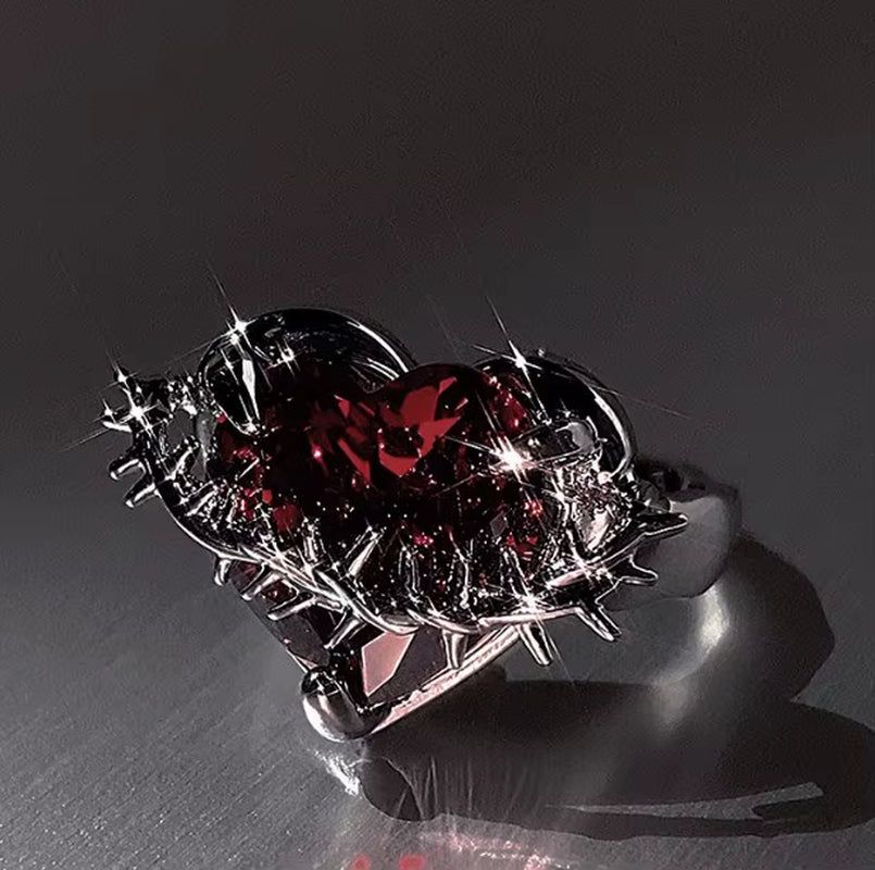 Kpop Fashion Punk Red Crystal Heart Irregular Open Metal Rings Women Vintage Grunge Aesthetic EMO Y2K Jewelry Accessories